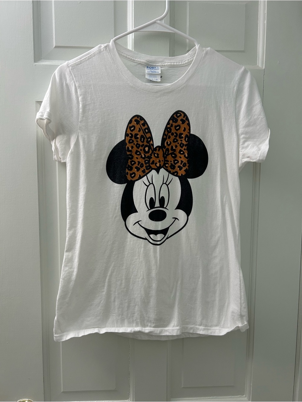 White Womens Cut Minnie Mouse Graphic Tee with Leopard Bow